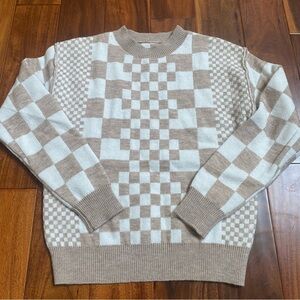 Women Plaid Checkered Sweater Long Sleeve Pullover Loose Crew Neck Knit Sz Small
